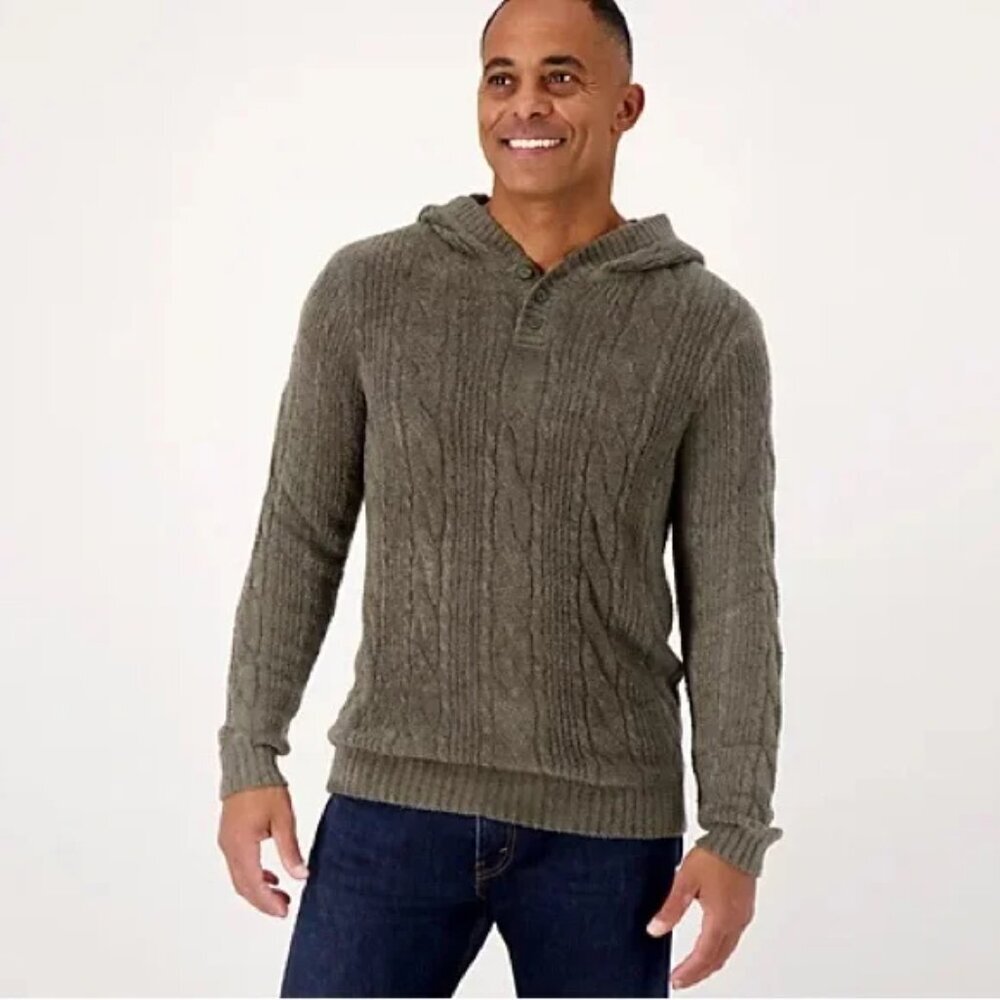Barefoot Dreams Men's Cozychic Lite Cable Knit Henley Hoodie Sweater size XL